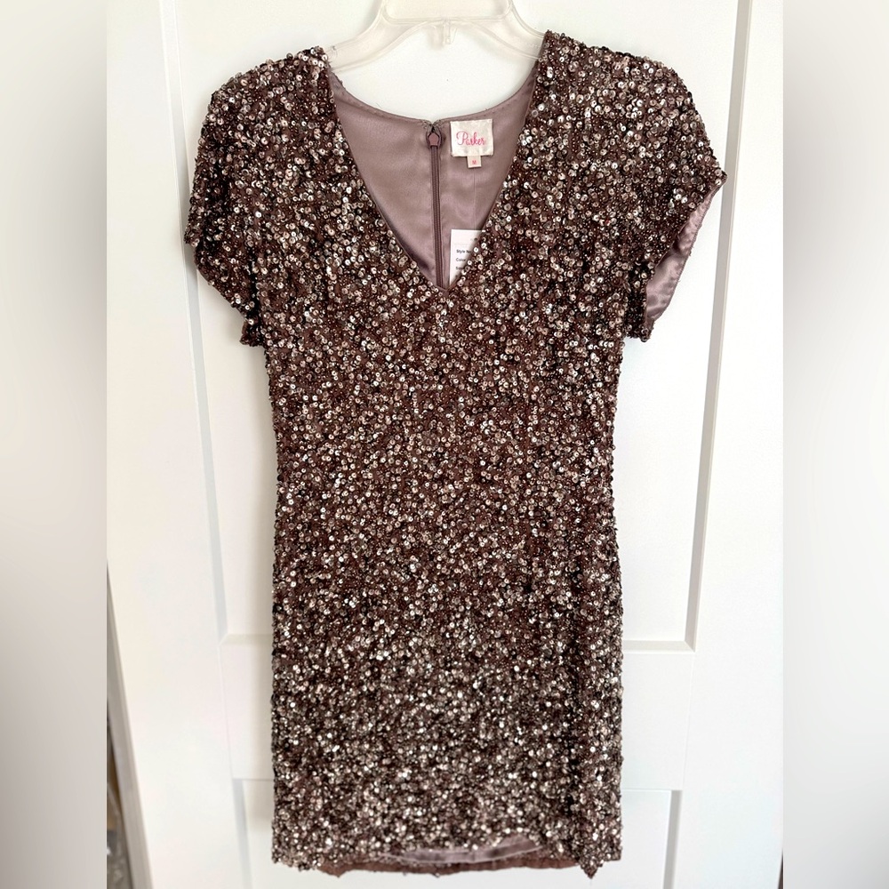 Brand New Parker Sequins Embellished Rose Mauve Silk Dress in Size M